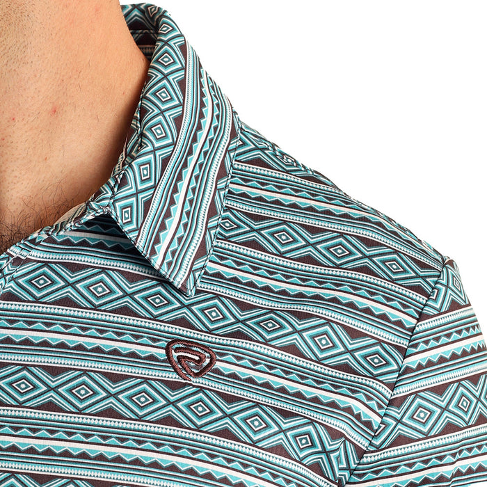 Rock & Roll Denim Teal Aztec Stripe Polo