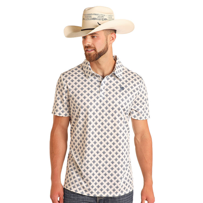 Rock & Roll Denim Men's White Geo Print Short Sleeve Polo