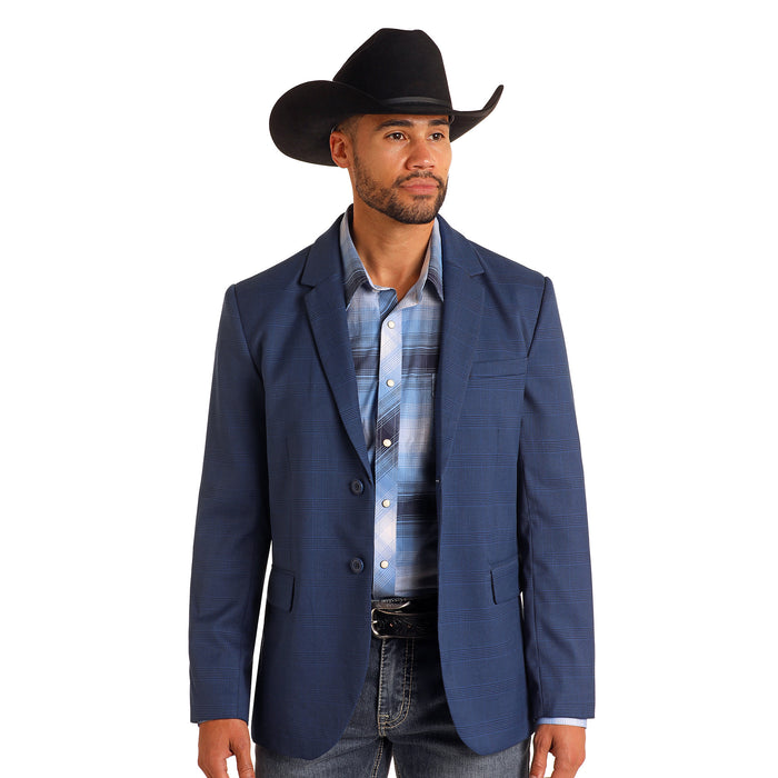 Rock Roll Denim Mens Navy Plaid Sports Coat