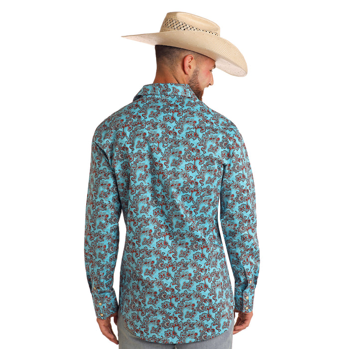 Rock & Roll Denim Mens Turquoise Paisley Print Long Sleeve Button Down Shirt