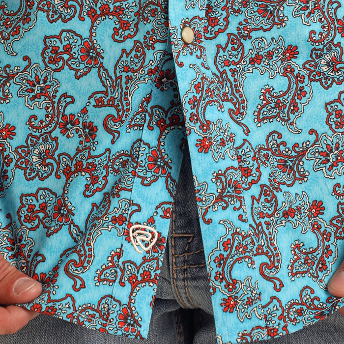 Rock & Roll Denim Mens Turquoise Paisley Print Long Sleeve Button Down Shirt