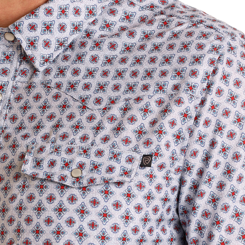 Rock & Roll Denim Mens White Geo Print Tek Long Sleeve Shirt