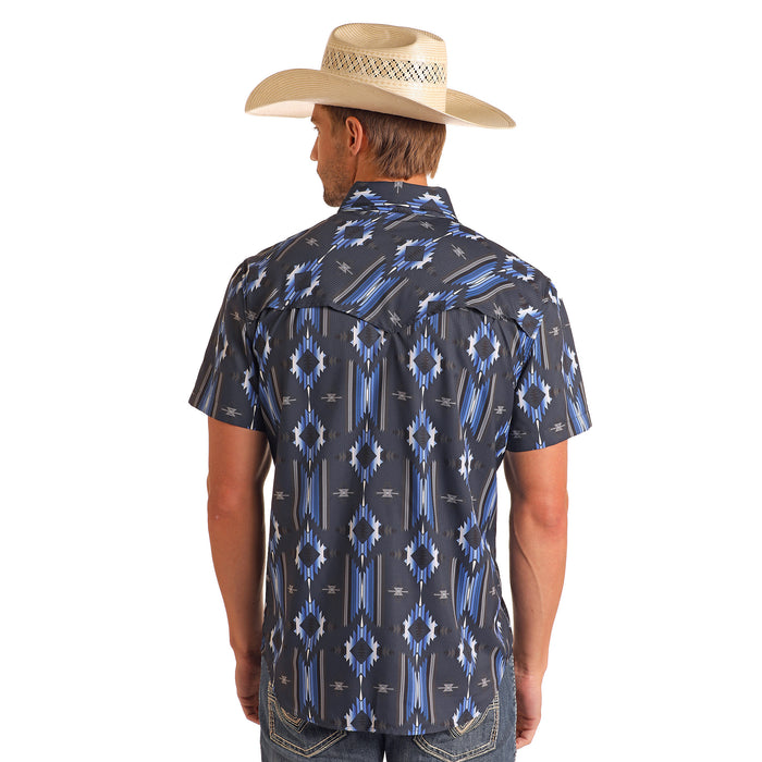 Rock & Roll Denim Mens N Navy Aztec TEK Short Sleeve Snap Shirt