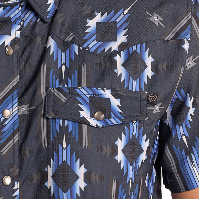 Rock & Roll Denim Mens N Navy Aztec TEK Short Sleeve Snap Shirt