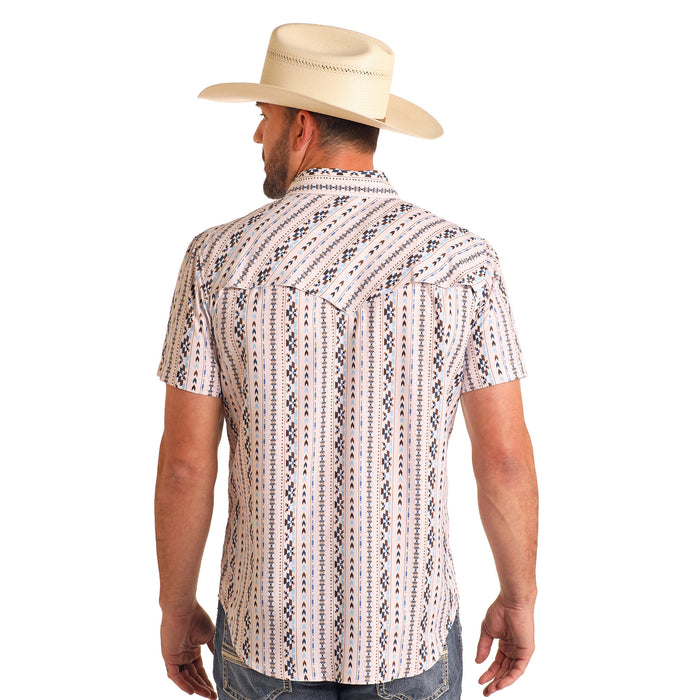 Rock & Roll Denim Mens Natrual Stripe Aztec Print TEK Short Sleeve Snap Shirt