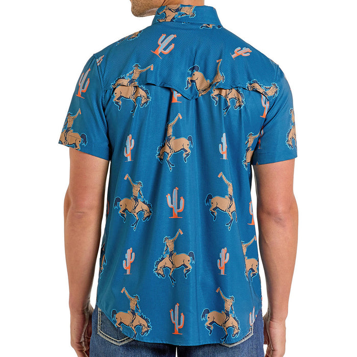 Rock & Roll Denim Men's Teal Bronco Print Print Tek Shirt