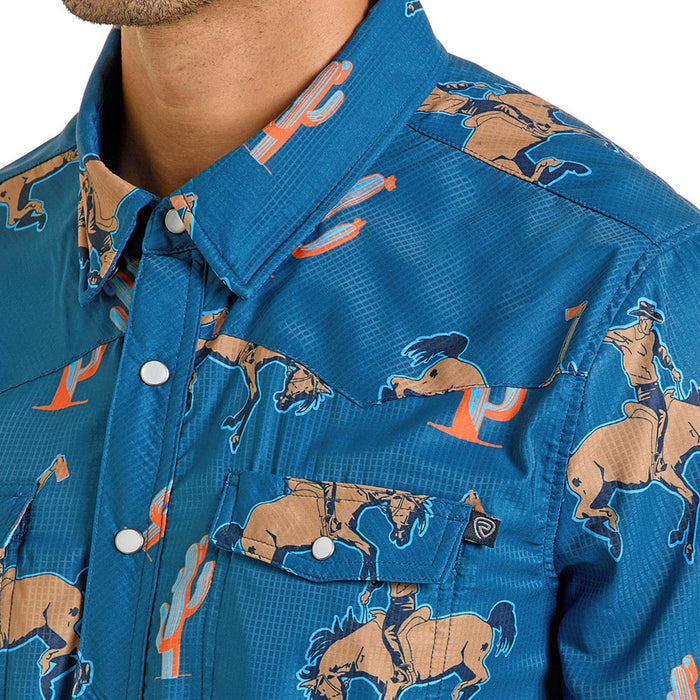 Rock & Roll Denim Men's Teal Bronco Print Print Tek Shirt