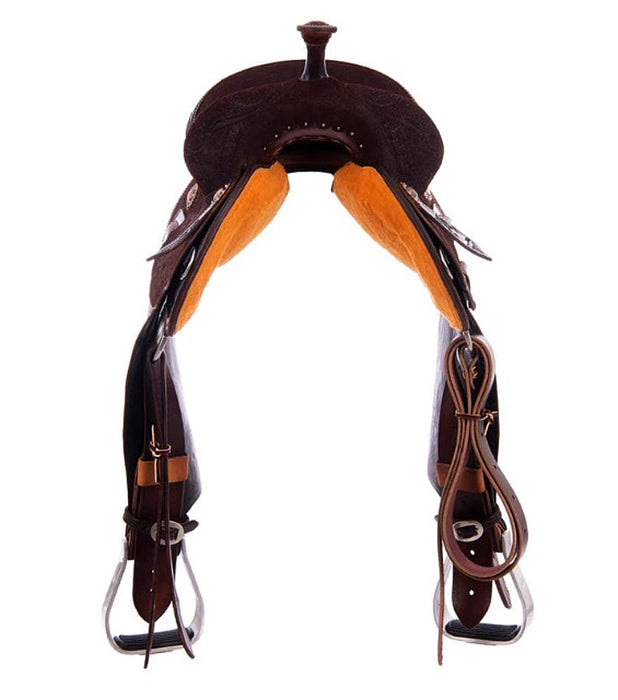Burns Saddlery 1430HD Chocolate Roughout Tooled 14inch Barrel Saddle