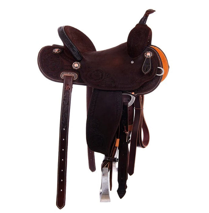 Burns Saddlery 1430HD Chocolate Roughout Tooled 14inch Barrel Saddle