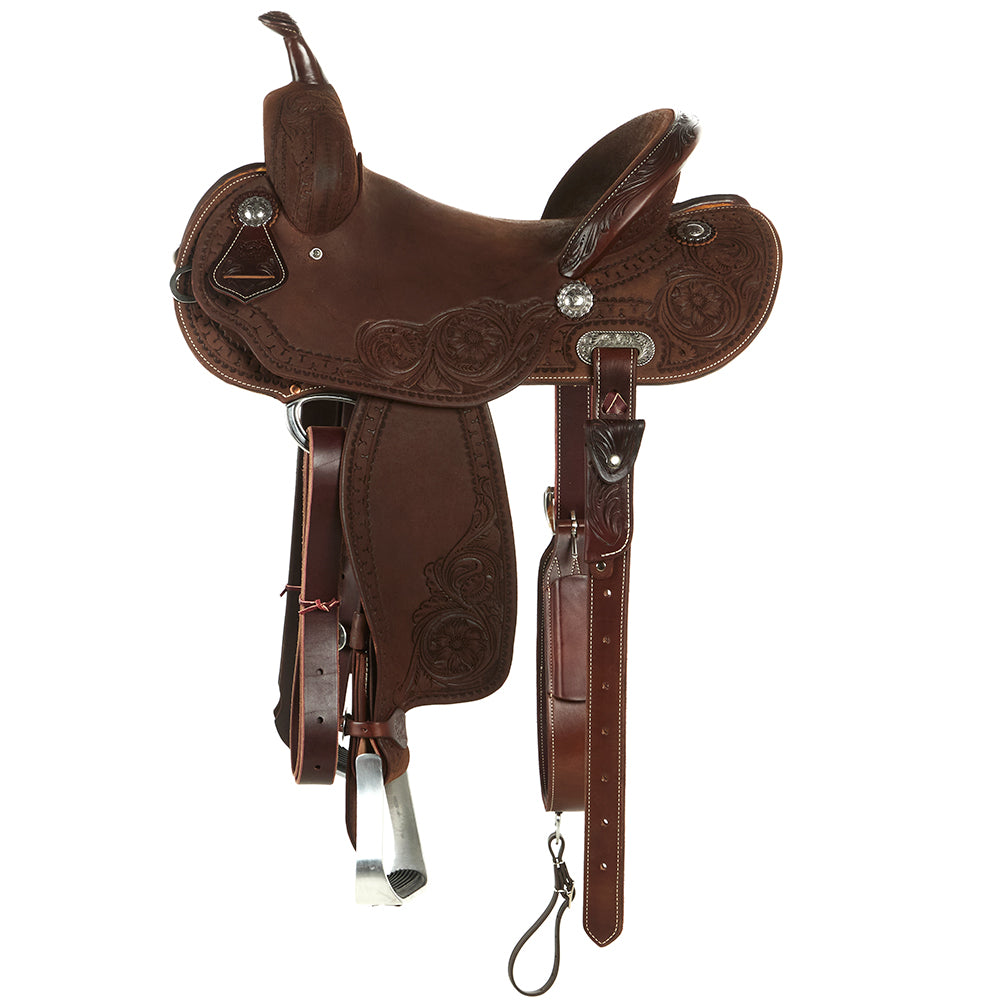 Burns Saddlery 1430MDX Chocolate Roughout Tooled 14inch Barrel Saddle
