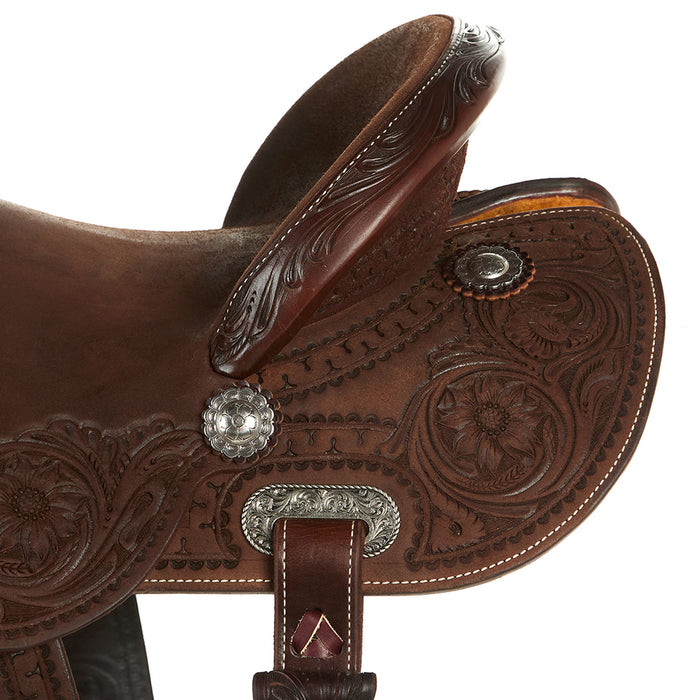 Burns Saddlery 1430MDX Chocolate Roughout Tooled 14in Barrel Saddle