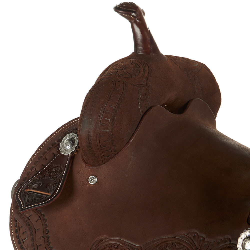 Burns Saddlery 1430MDX Chocolate Roughout Tooled 14in Barrel Saddle