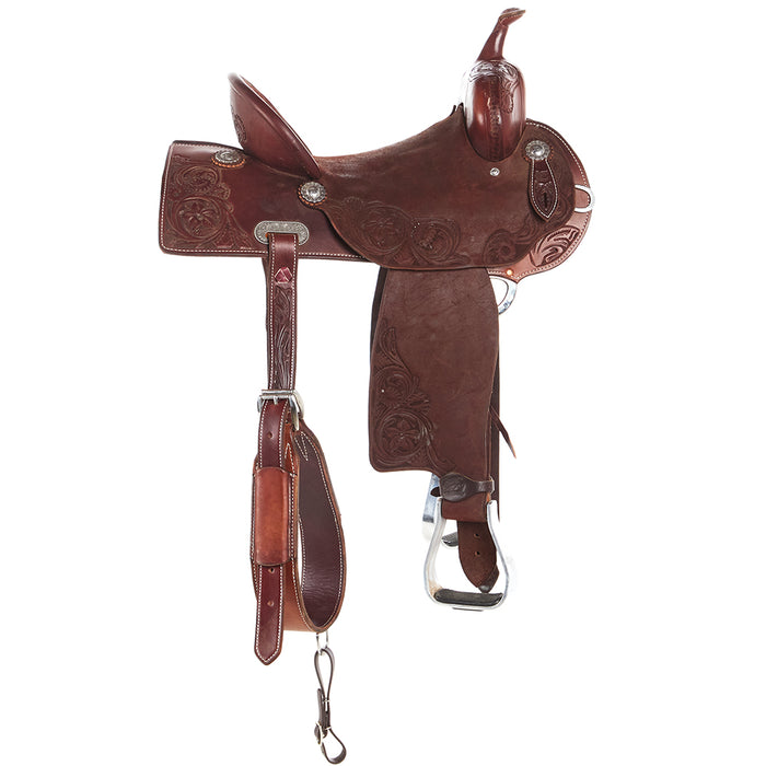 Burns Saddlery 14 1/2 Inch 20FD Floral Tooled Pencil Roll Barrel Saddle