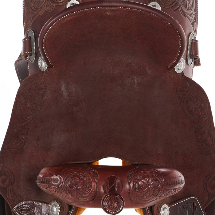 Burns Saddlery 14 1/2 Inch 20FD Floral Tooled Pencil Roll Barrel Saddle