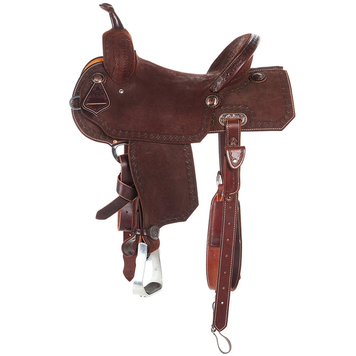 Burns Saddlery 14 1/2in 20HD Tooled Border Roughout Notched Barrel Saddle