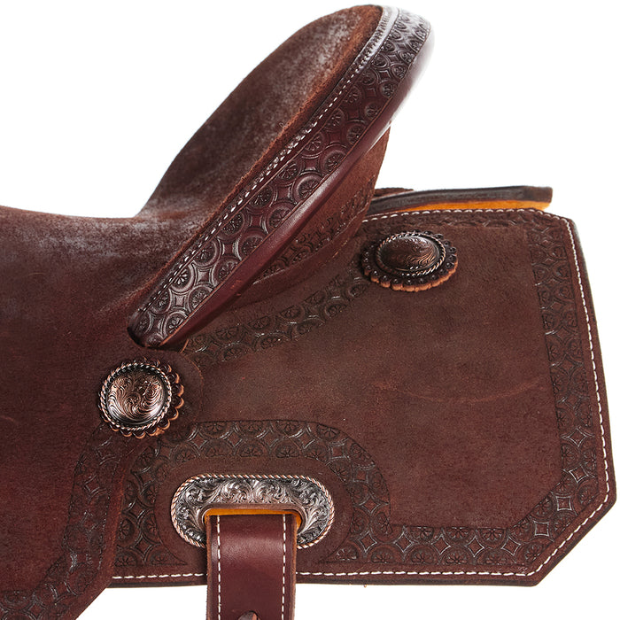 Burns Saddlery 14 1/2in 20HD Tooled Border Roughout Notched Barrel Saddle