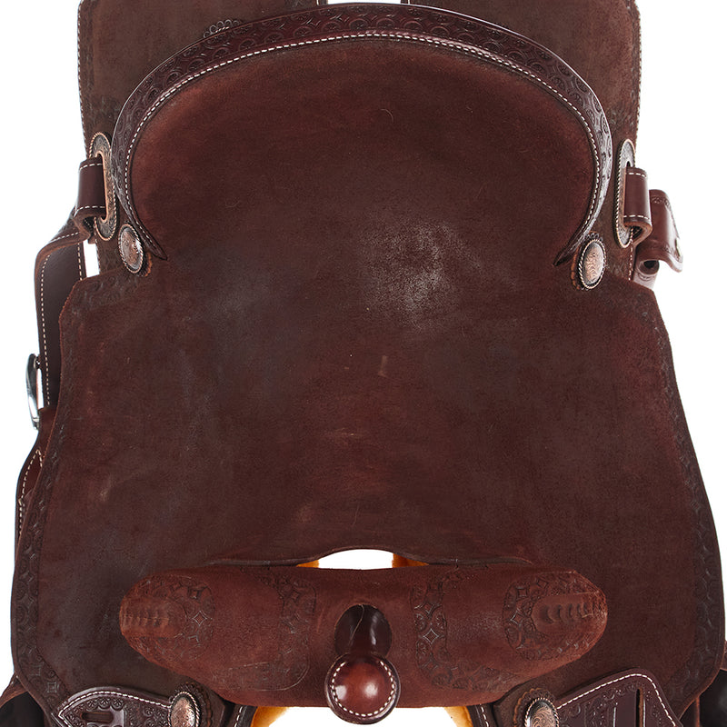 Burns Saddlery 14 1/2in 20HD Tooled Border Roughout Notched Barrel Saddle