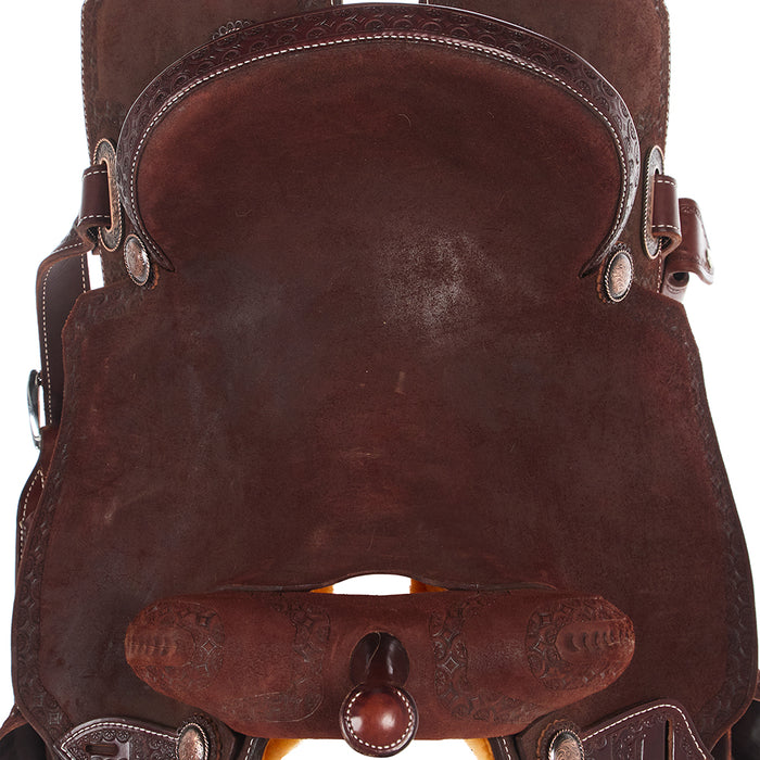 Burns Saddlery 14 1/2in 20HD Tooled Border Roughout Notched Barrel Saddle