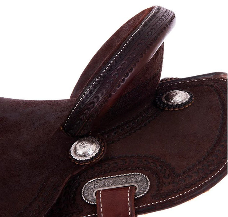 Burns Saddlery 14530MDX Chocolate Roughout Wishbone Border 14.5in Barrel Saddle