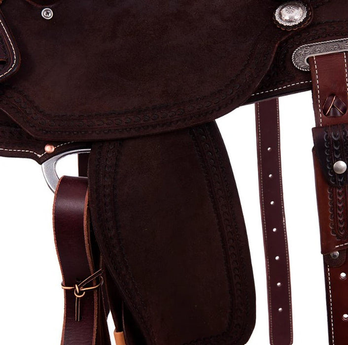Burns Saddlery 14530MDX Chocolate Roughout Wishbone Border 14.5in Barrel Saddle