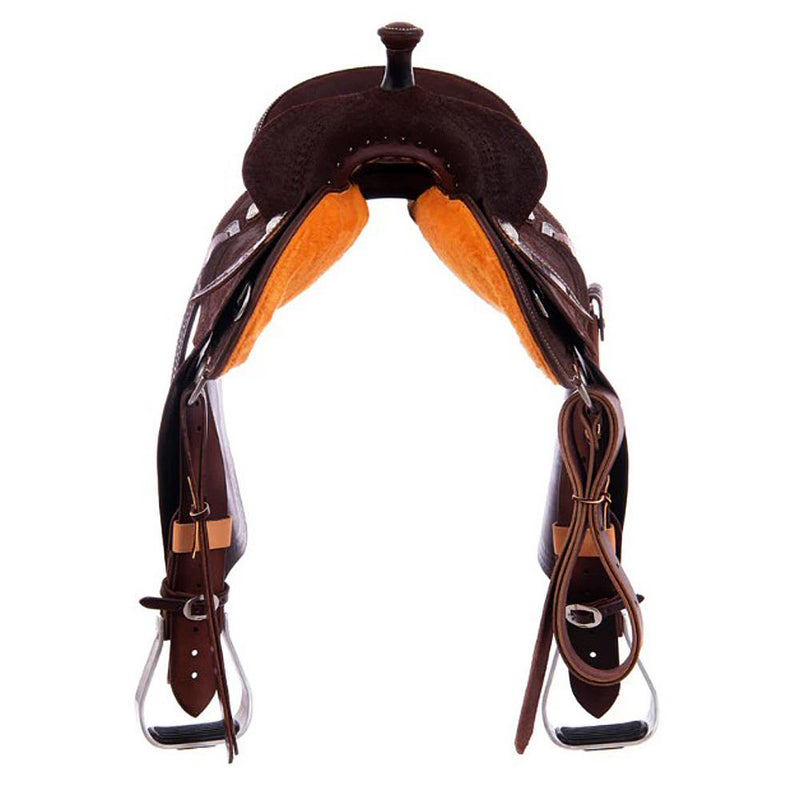 Burns Saddlery 14530MDX Chocolate Roughout Wishbone Border 14.5in Barrel Saddle