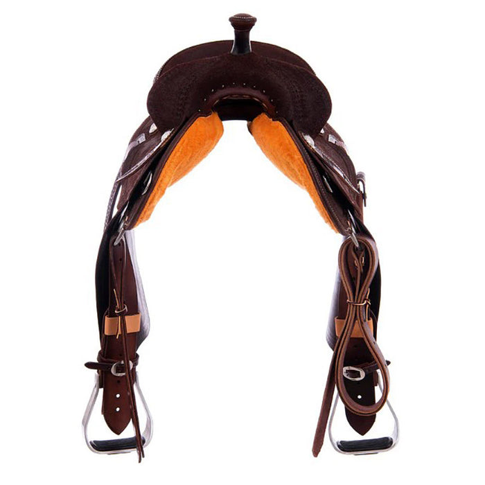 Burns Saddlery 14530MDX Chocolate Roughout Wishbone Border 14.5in Barrel Saddle