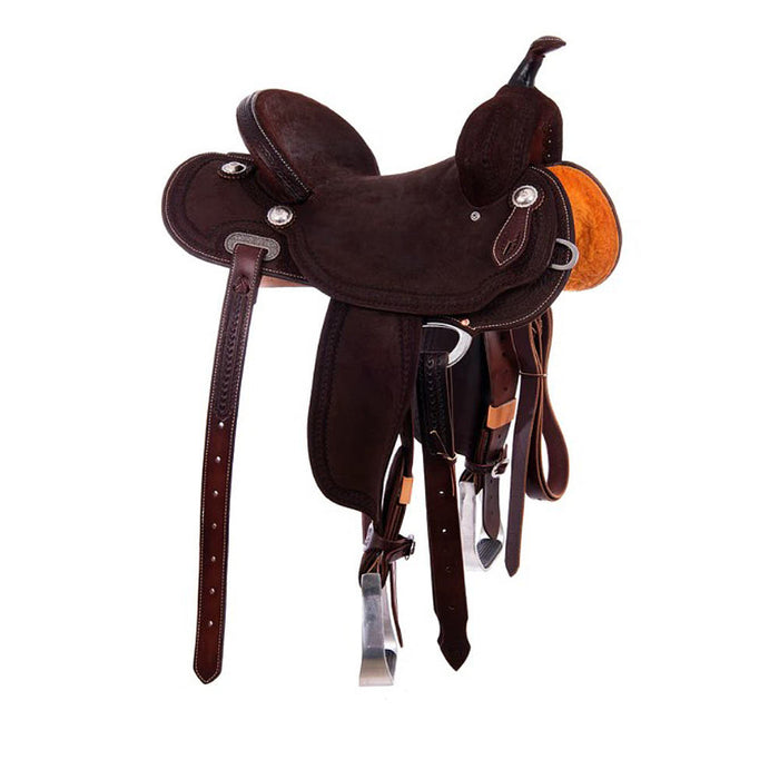 Burns Saddlery 14530MDX Chocolate Roughout Wishbone Border 14.5in Barrel Saddle
