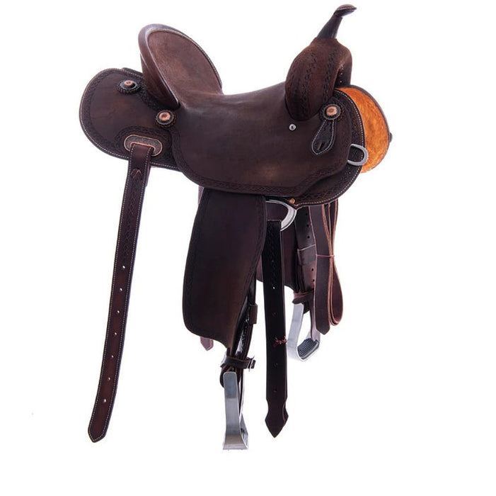 Burns Saddlery 14520HD Chocolate Roughout Full Border 14.5in Barrel Saddle