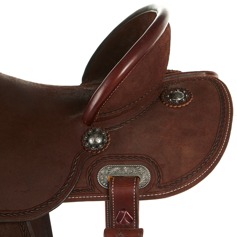 Burns Saddlery 14inch 30HDX Chocolate Roughout Rope Border Barrel Saddle