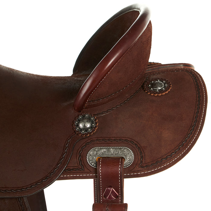 Burns Saddlery 14inch 30HDX Chocolate Roughout Rope Border Barrel Saddle