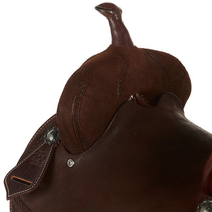 Burns Saddlery 14inch 30HDX Chocolate Roughout Rope Border Barrel Saddle