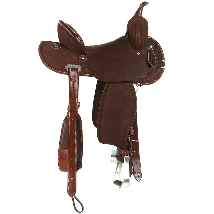 Burns Saddlery 14inch 30HDX Chocolate Roughout Rope Border Barrel Saddle