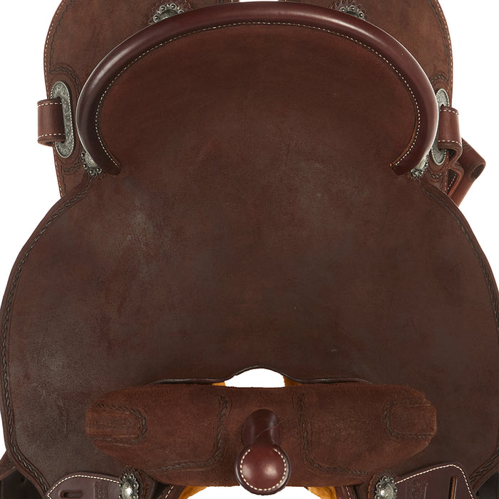 Burns Saddlery 14inch 30HDX Chocolate Roughout Rope Border Barrel Saddle