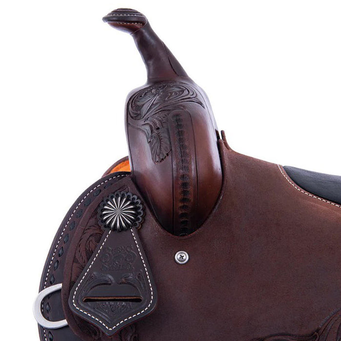 Burns Saddlery 13530FD Chocolate Tooled 13.5in Barrel Saddle-Inlay