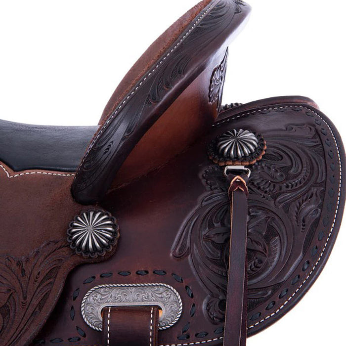 Burns Saddlery 13530FD Chocolate Tooled 13.5in Barrel Saddle-Inlay