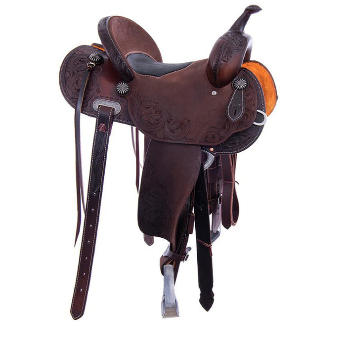Burns Saddlery 13530FD Chocolate Tooled 13.5in Barrel Saddle-Inlay