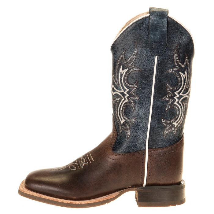 Old West Youth Wipe Out Blue Shaft Brown Foot Cowboy Boots
