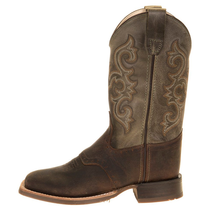 Old West Kids Green Waxy Top Brown Foot Cowboy Boots