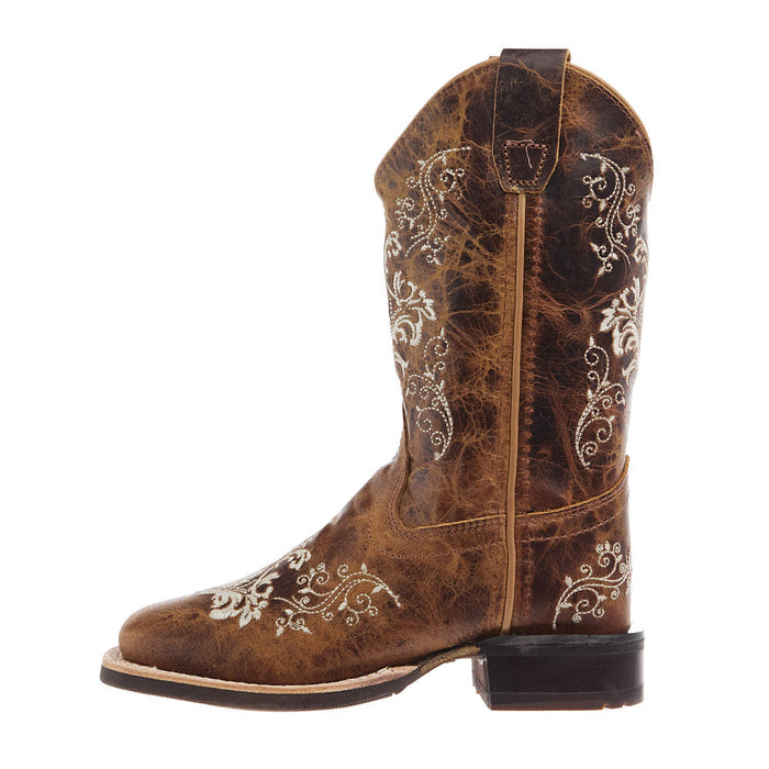 Old West Children's Burnt Tan Embroidered Square Toe Boot