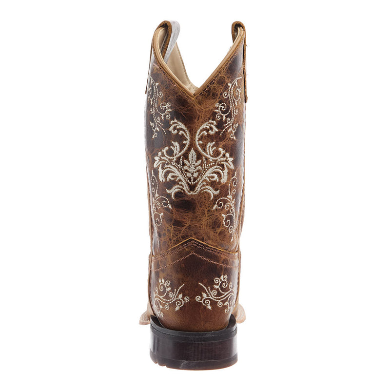 Old West Children's Burnt Tan Embroidered Square Toe Boot