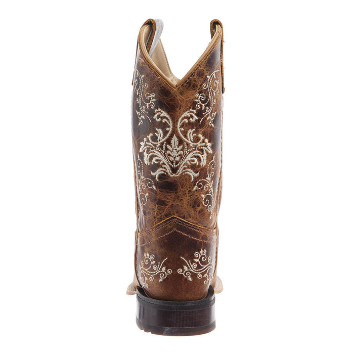 Old West Children's Burnt Tan Embroidered Square Toe Boot