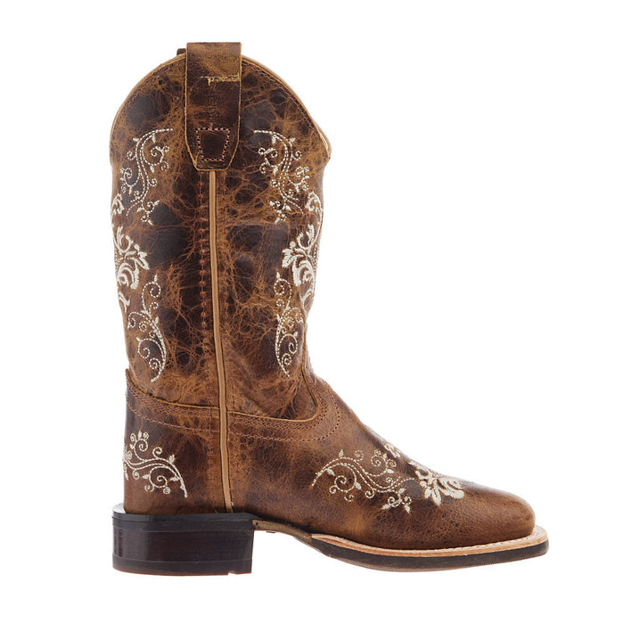 Old West Children's Burnt Tan Embroidered Square Toe Boot