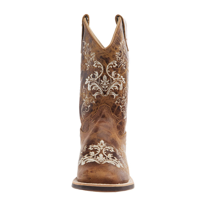 Old West Children's Burnt Tan Embroidered Square Toe Boot