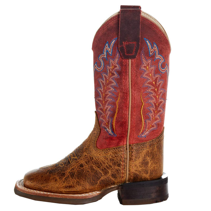Old West Childrens Brown w/Red Shaft Square Toe Cowboy Boot