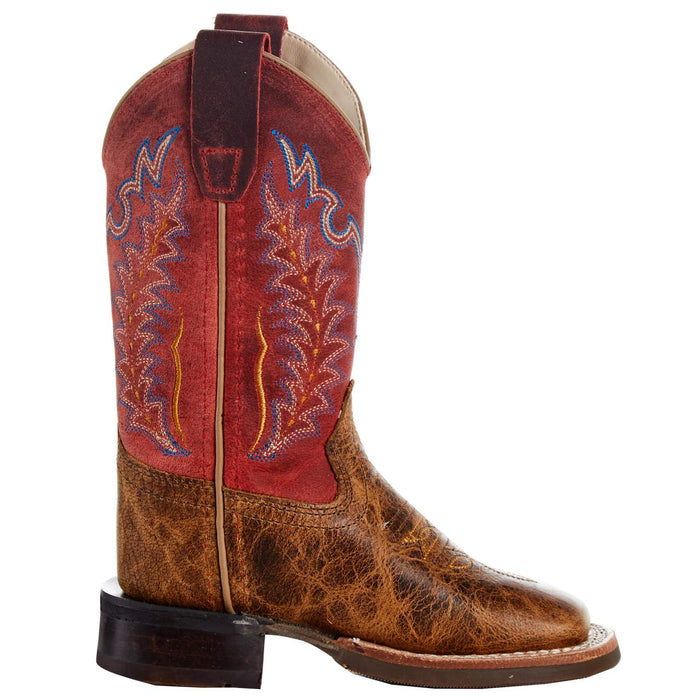 Old West Childrens Brown w/Red Shaft Square Toe Cowboy Boot