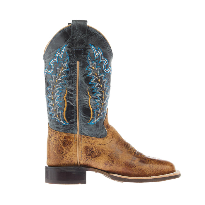 Old West Childrens Burnt Brown Foot and Cactus Navy Shaft Square Toe Boot