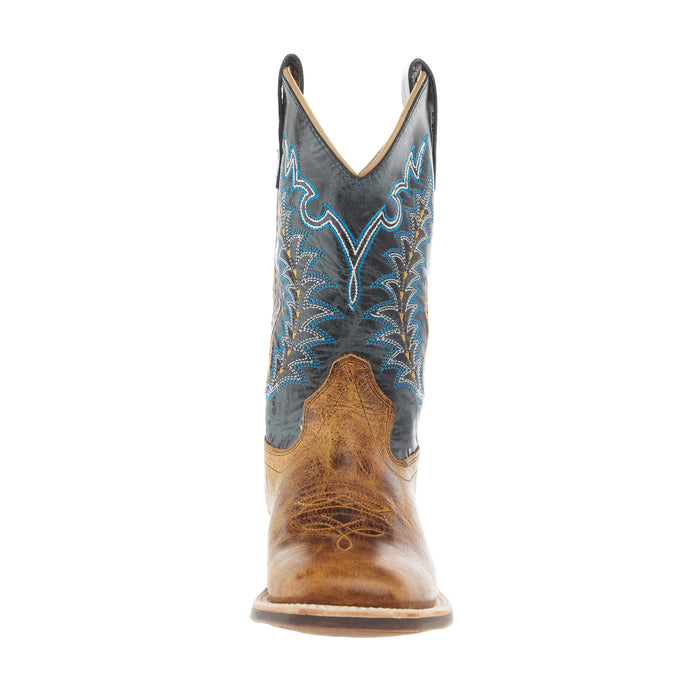Old West Childrens Burnt Brown Foot and Cactus Navy Shaft Square Toe Boot