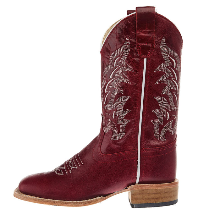 Old West Children`s Deep Red Square Toe Leather Sole Boot