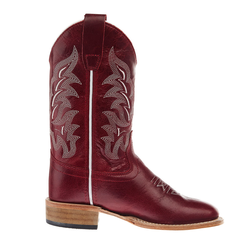 Old West Children`s Deep Red Square Toe Leather Sole Boot