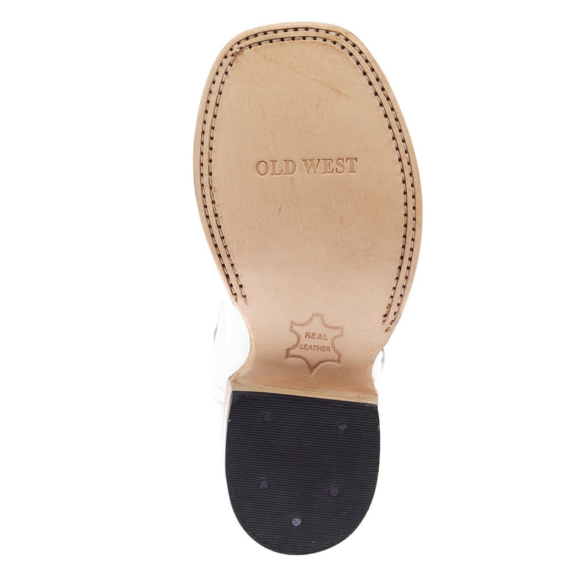 Old West Children`s All White Square Toe Leather Sole Boot